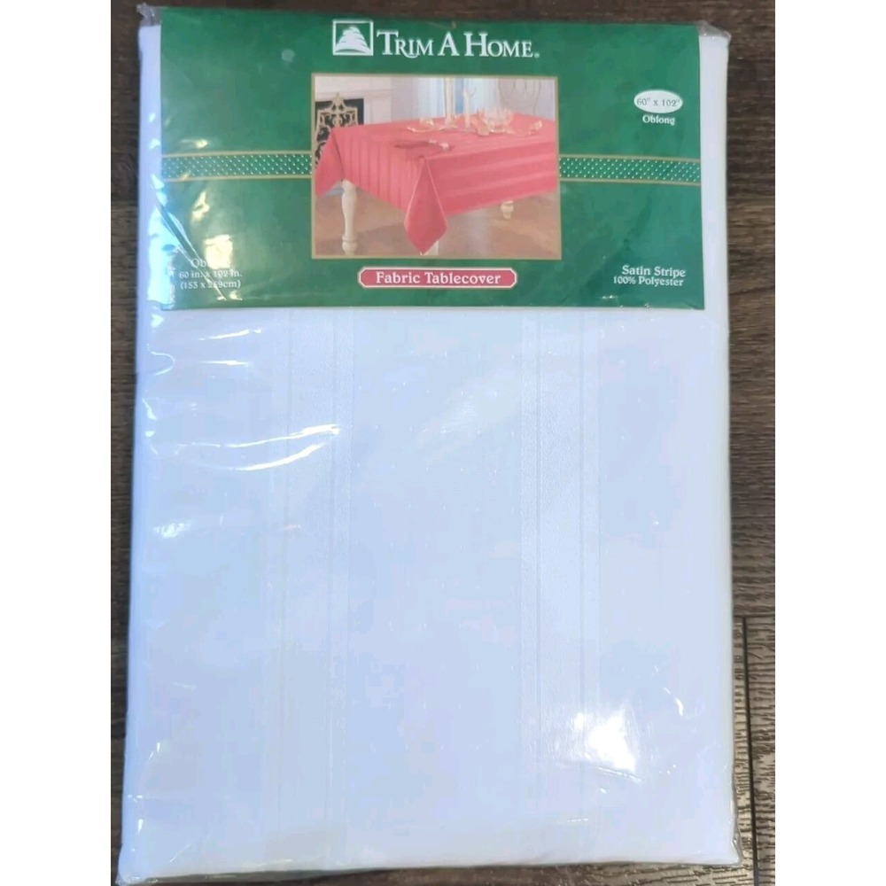 Trim A Home Fabric White Tablecloth Oblong Satin Strip 100% Polyester 60" x 102"